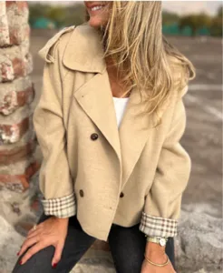 Womens lapel double breasted wool blend crop coat with stylish plaid cuffs detail view