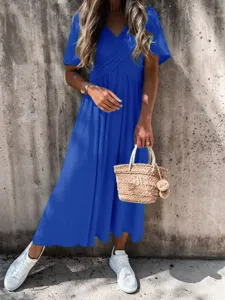 Elegant royal blue short sleeve V-neck midi dress for women, stylish summer casual wear.