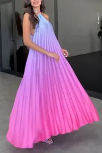 Women sexy halter strap sleeveless long dress rainbow pleated dress elegant party maxi dress