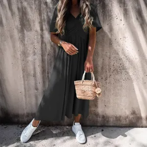 Elegant women short sleeve cross V-neck solid color long maxi dress casual summer