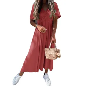 Women Summer Short Sleeve V-Neck Criss Cross Solid Color Casual Midi Dress Main View