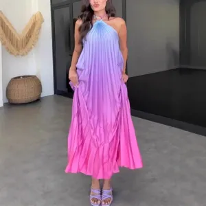Women Sexy Halter Neck Sleeveless Maxi Dress Rainbow Gradient Pleated Long Dress Casual Summer Vacation Female Apparel