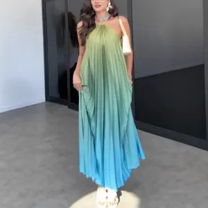 Sexy halter sleeveless long pleated gradient rainbow dress for women summer fashion style
