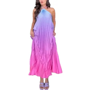 Sexy halter sleeveless long dress featuring stunning rainbow pleated gradient design.