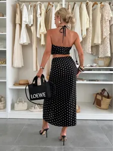 Sexy polka dot halter crop top and maxi skirt two-piece set for women summer fashion