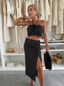 Women Summer Polka Dot Halter Crop Top And Midi Skirt Two Piece Set Chic Outfits