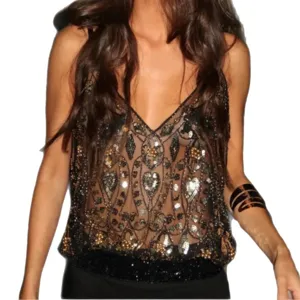 Zomer sexy pailletten kralen V-hals camisole, transparante mesh elegante korte party top.