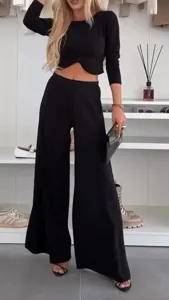 Solid crewneck long sleeve crop top and high waist wide leg pants casual two piece set.