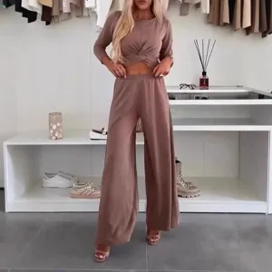 Casual two-piece set featuring a twist-front crop top and wide-leg pants for women.