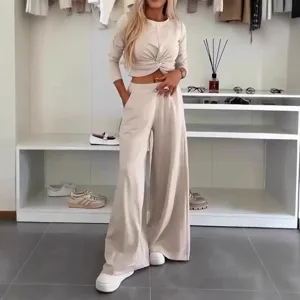 Stylish plain crew neck cropped long sleeve top and wide leg pants loungewear set main view