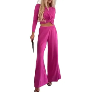 Fashionable Solid Color Crewneck Crop Top and Wide Leg Pants Casual Two Piece Set Women