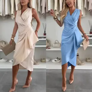Femme Élégant Col V Sans Manches Satin Robe Midi Décontracté Couleur Unie Taille Haute Irrégulier Fente Robe Soirée