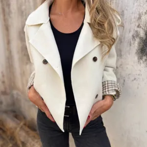 Women chic double breasted cropped wool coat with lapel and stylish plaid cuffs for winter.