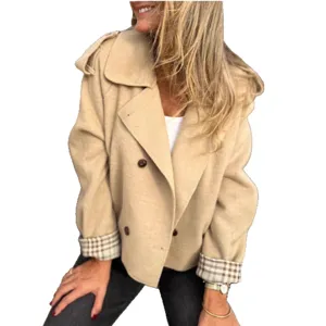 Stylish women's short wool coat with chic lapel and plaid cuffs for winter fashion.