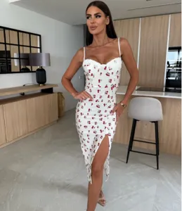 Summer floral camisole lace bodycon dress with split design, elegant and charming style.