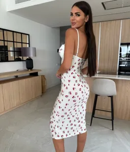 White camisole midi dress with red cherry print, open back slim fit sexy party dress detail.