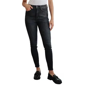 Women's mid-rise skinny jeans with washed dark grey finish, stylish denim trousers for daily.
