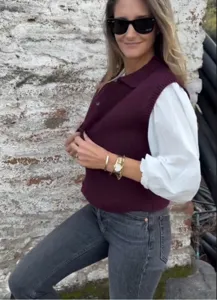 Women knit sweater vest solid color lapel casual pullover autumn fashion apparel top detail