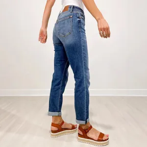Women's mid-rise washed denim jeans, casual slim fit pencil trousers with cuffed ankles.