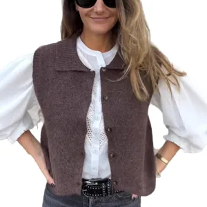 Women brown knit vest sweater chic lapel casual sleeveless cardigan autumn winter fashion top