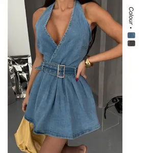 Vestido de verano de mezclilla halter para mujer moda callejera sexy vestido vaquero sin espalda