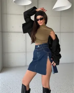 High waist irregular denim mini skirt with side zipper detail, stylish summer fashion apparel.