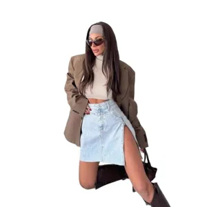 2025 casual irregular high waist denim skirt for women, trendy side zipper split short skirt.