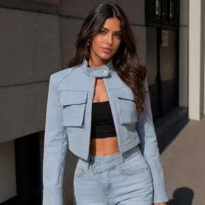 Damen Sommer High-End Kurzer Stehkragen Slim Fit Jeansjacke Lässige Langarm Reißverschluss Denim Oberbekleidung Top