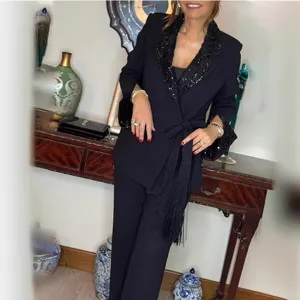 Women Casual Long Sleeve Lapel Blazer And Pants Set Sequins Patchwork Solid Color Fashion Two Piece Suit Outfit