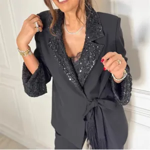 2025 New Women Sequin Patchwork Blazer Trousers Suit Long Sleeve Lapel Two-Piece Outfit