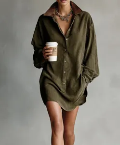 Vintage faux suede contrast lapel mini shirt dress, casual long sleeve button down tunic.