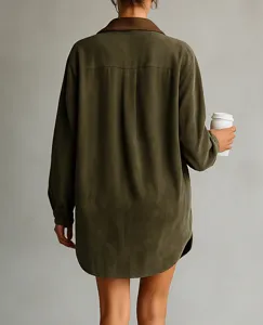 Back view detail of the contrast collar mini dress, featuring soft suede texture and leather.