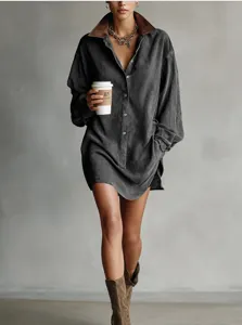 Detailed view of the vintage contrast lapel long sleeve mini shirt dress in dark grey.