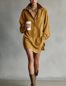 Retro brown suede faux leather spliced mini dress, long sleeve lapel oversized casual shirt.