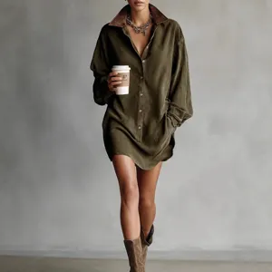 Women Retro Suede Velvet Faux Leather Splicing Mini Dress Fall Long Sleeve Turn Down Collar Single Breasted Casual Outfit