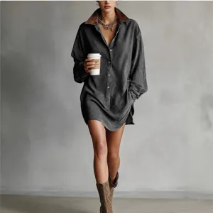 Women retro contrast collar long sleeve corduroy mini dress casual fashion daily wear