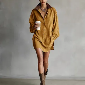 Oversized retro brown suede long sleeve mini shirt dress with contrast collar for autumn fashion.