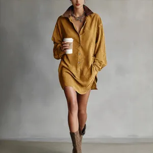 Retro brown suede contrast collar long sleeve mini shirt dress casual women apparel
