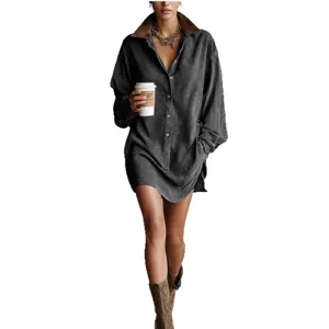 Women vintage corduroy contrast collar long sleeve mini dress casual autumn winter shirt dress