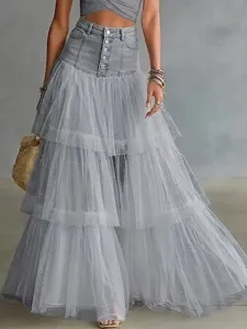 Women denim mesh patchwork maxi skirt high waist layered tulle long skirt detail view