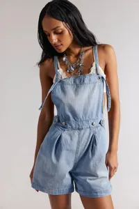 Detailed view of women casual light blue denim overall shorts, perfect summer fashion outfit.