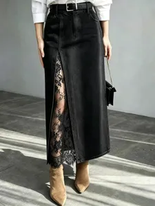 Black denim midi skirt featuring high waist, front split, and elegant black lace trim.