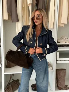 Stijlvolle dames opstaande kraag denim jas herfst korte patchwork mode chique top