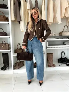 Vrouwen cropped bruine jas herfst mode napoleon opstaande kraag stijlvolle kleding