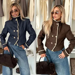 Dames Mode Korte Denim Jas Vintage Opstaande Kraag Dubbelrijig Gekoppeld Casual Lange Mouw Bovenkleding