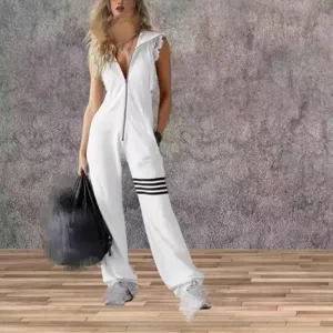 Witte mouwloze jumpsuit met capuchon voor dames met kantinzetstukken en sportieve strepen