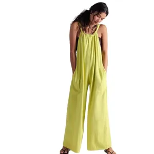 Women casual loose lime green wide leg jumpsuit with straps and pockets for summer fashion