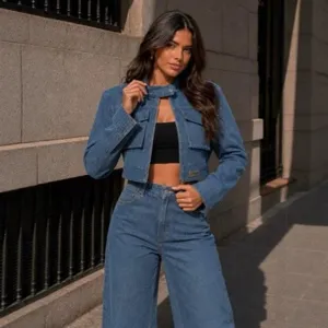 Damen kurze Stehkragen Jeansjacke lässig Slim Fit Mode Streetwear Hauptansicht Produkt