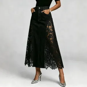 Black denim maxi skirt with lace side panels, high-waisted long bodycon skirt for women.