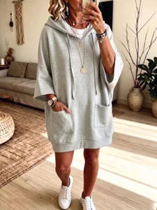 Φούτερ oversize με κουκούλα και μισό μανίκι γυναικείο casual μονόχρωμο τοπ με τσέπες γκρι